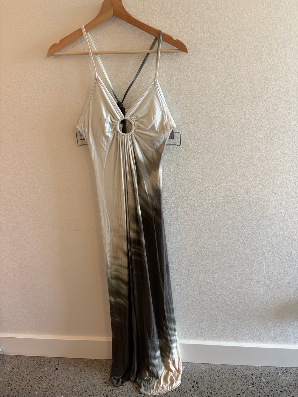 Michelle Jonas Satin Ombre Ring-Front Maxi Dress in Cream and Olive
